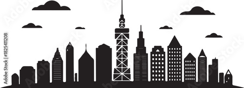 City skyline silhouette with clouds in black and white design