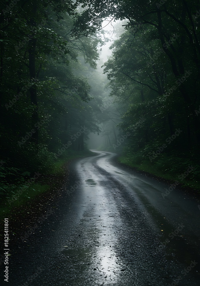 Naklejka premium Emerald Curtain: Wet Road's Whisper