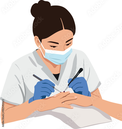 Manicurist Performs Nail Service With Blue Gloves White Mask