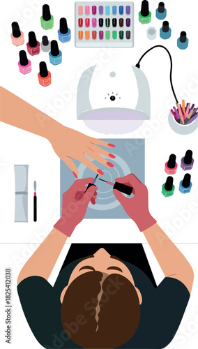 Manicurist Applying Pink Polish To Fingernails With UV Lamp And Polish Bottles