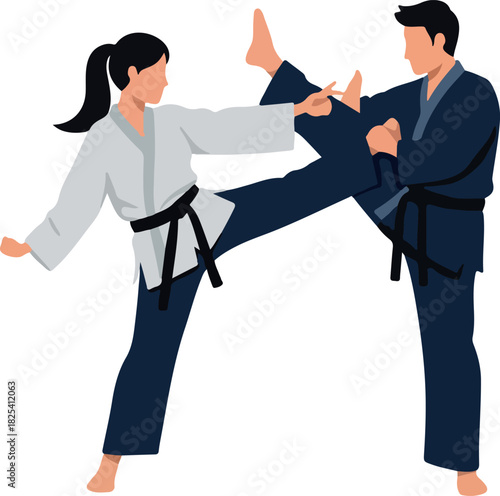 Martial Arts Combat Training with Two People in Blue and White Uniforms