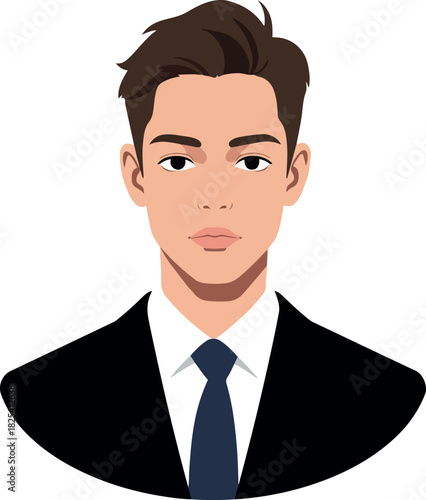 Minimalist Illustration Of A Young Man In A Black Suit With Dark Hair