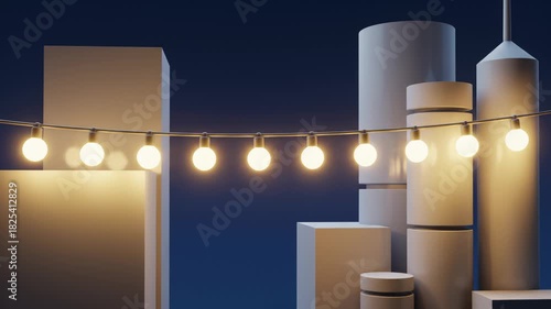 Abstract Cityscape Silhouette With String Lights, Night Scene