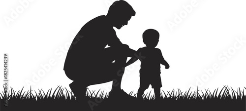 Father Helping Toddler Take First Steps Silhouette, Parent Child Bonding and Childhood Growth Vector Graphic Illustration on Grassy Ground