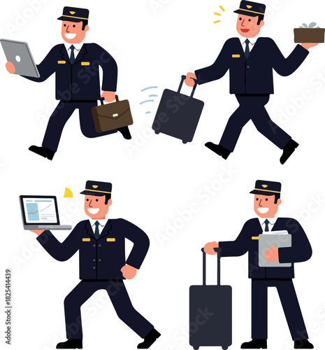 Pilot Traveling With Laptop And Suitcase In Flat Design