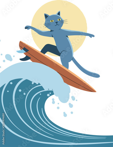 Pixel Art Blue Cat Surfing Big Wave Yellow Sun Background