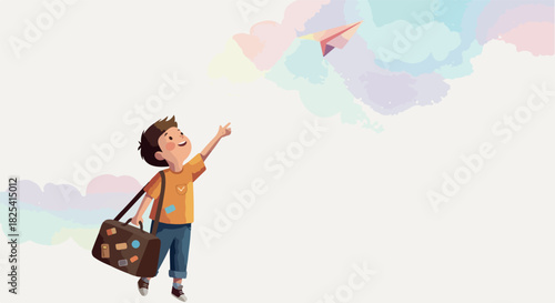 Pixel Art Boy With Suitcase Reaching For Colorful Paper Airplane In Sky