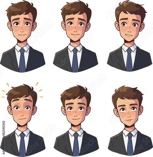 Pixel Art Business Man Expressions Set Dark Suit Blue Tie White Shirt Isolated