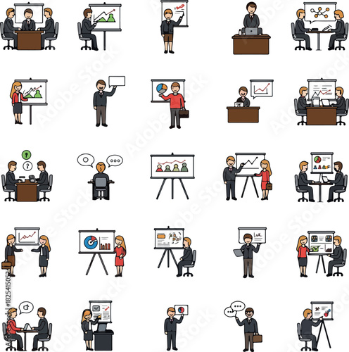 Pixel Art Business Meeting People Presentation Icons Set