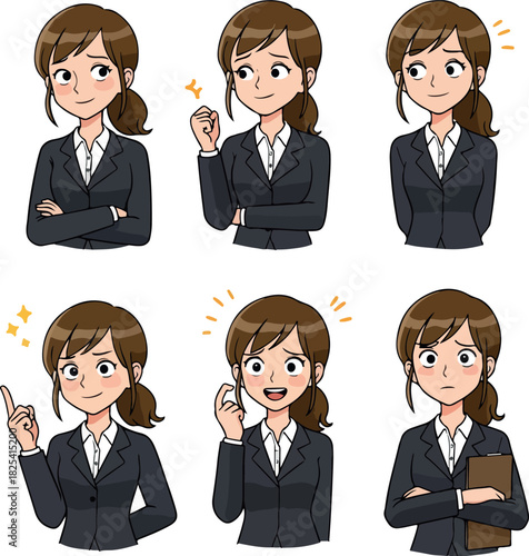 Pixel Art Business Woman Various Poses Icons Gray Suit