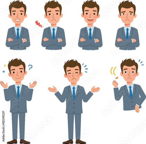 Pixel Art Businessman Character Diverse Emotions Poses Collection