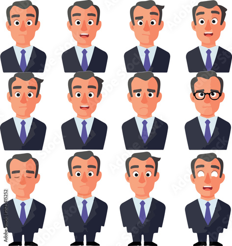 Pixel Art Businessman Character Expressions Set Blue Suit