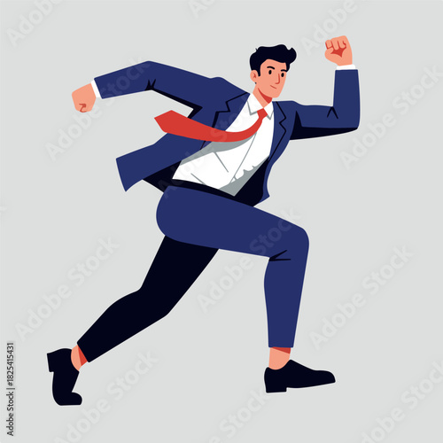 Pixel Art Businessman Running In Blue Suit Red Tie On Light Gray Background