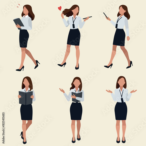 Pixel Art Businesswoman Poses White Shirt Black Skirt Beige Background Flat Design