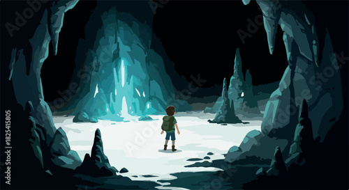Pixel Art Cave Exploration Glowing Crystal Blue Light Adventure