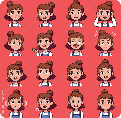 Pixel Art Character Emote Set Young Girl Diverse Expressions Red Background