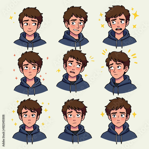 Pixel Art Character Expressing Various Emotions With Sparkles And Stars