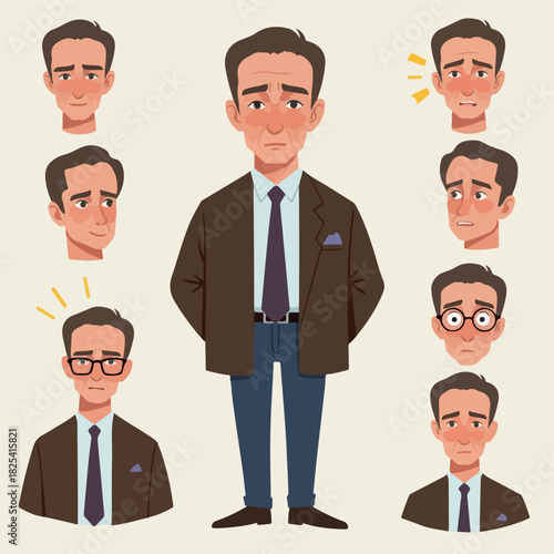 Pixel Art Character Collection Businessman Various Emotions Simple Flat Design
