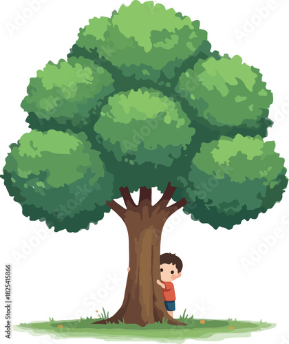Pixel Art Child Hiding Behind Large Green Tree on Grassy Ground