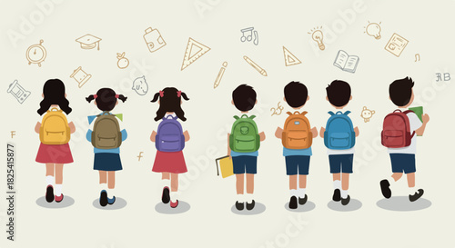 Pixel Art Children With Backpacks Walking Together Vector Illustration