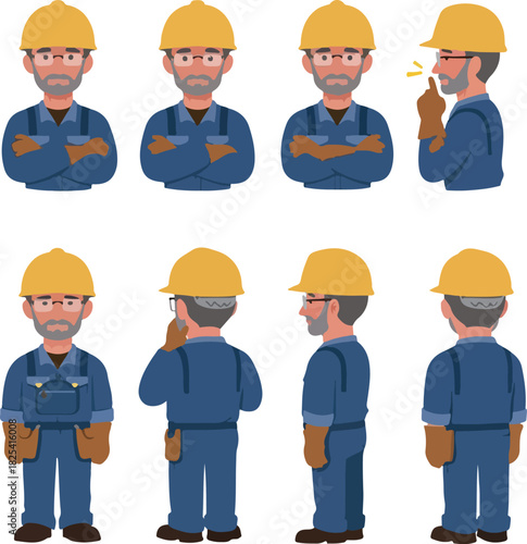 Pixel Art Construction Worker Various Poses Blue Overalls Yellow Hard Hat