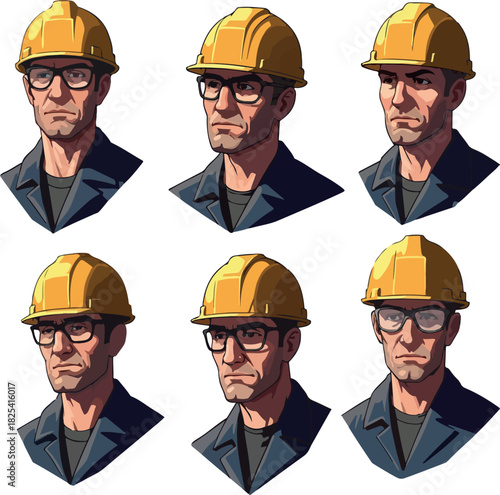Pixel Art Construction Worker Portraits Yellow Hard Hat Glasses