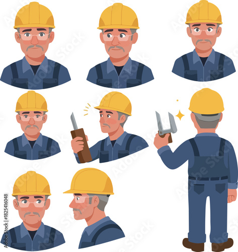 Pixel Art Construction Worker Set Yellow Hard Hat Blue Overalls Tools