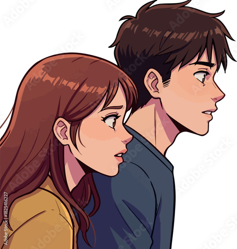 Pixel Art Couple Looking Forward with Concern in Soft Lighting