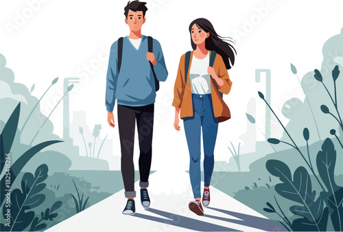 Pixel Art Couple Walking Path With Lush Greenery and Soft Hazy Background