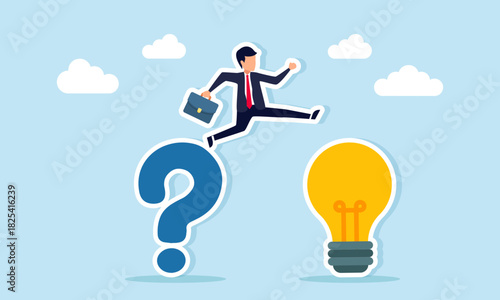Businessman jumping from a question mark to a lightbulb illustrating finding answers and business innovation solutions