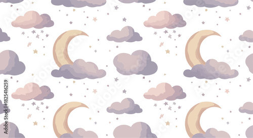 Pixel Art Crescent Moon Clouds Stars Pastel Seamless Pattern