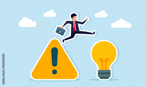 Businessman jumping from an alert sign to a lightbulb illustrating finding answers or solutions to a risky problem