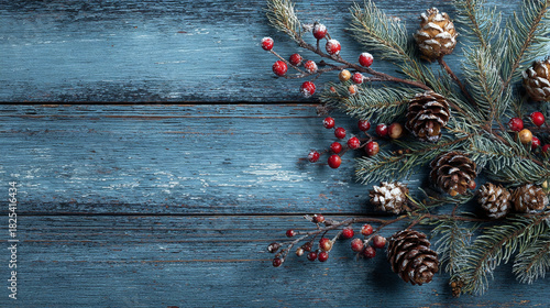 Christmas fir branches with pine cones and red berries on rustic blue wooden background