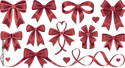 Set of Red Festive Ribbons and Bows Vector Illustration with Hearts