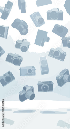 Pixel Art Falling Cameras Light Blue Monochrome White Background