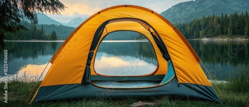 Bright yellow tent pitched on a grassy lakeshore, open to a calm reflective mountain lake at sunset, framed by pine forest and distant peaks, evoking peaceful solitude and serenity