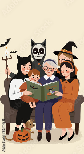 Pixel Art Family Halloween Costume Gathering Reading Book Together