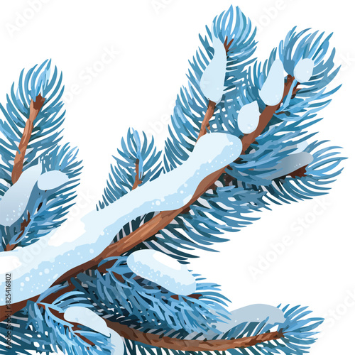 Ultra-detailed 3D render of a snow-covered pine branch with frost crystals on each needle, cold bluish lighting, transparent PNG background, high-resolution realism.
