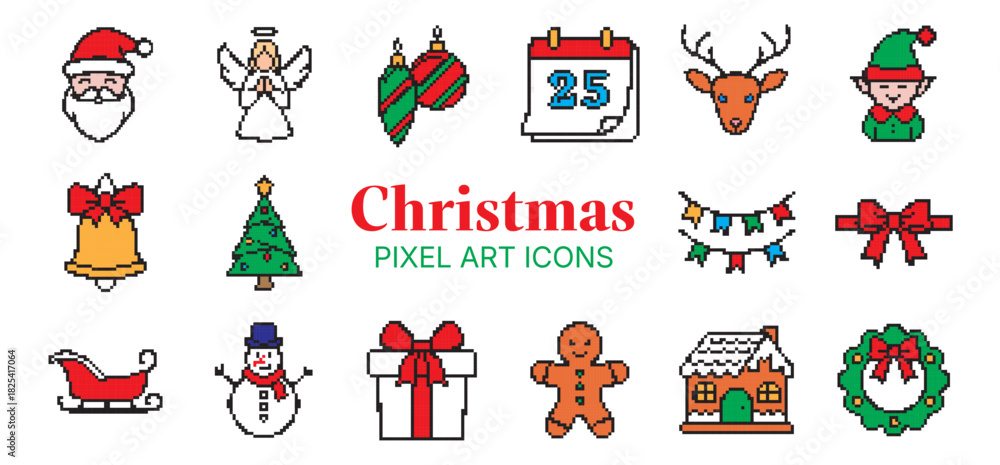 Fototapeta premium Christmas pixel art icons set. Retro festive vector illustration with holiday symbols: Santa Claus, angel, baubles, calendar, deer, elf, bell, Christmas tree, garlands, sleigh, snowman etc.