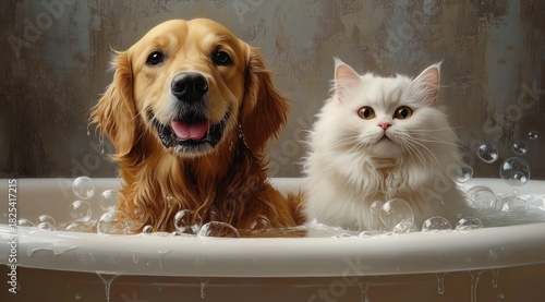 Golden retriever and fluffy white cat in a bubble-filled bathtub, wet fur and soap suds, playful happy dog and calm curious cat sharing a cozy bath