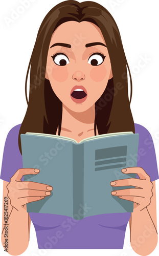 Pixelated Young Woman Surprised Reading Open Book