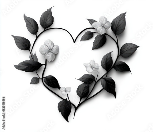 monochrome heart-shaped vine wreath with dark leaves and pale four-petaled flowers conveying elegant romantic calm