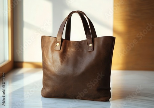soft brown leather tote bag with short handles and brass rivets resting on a sunlit marble surface by a wooden window, minimalist and warm cozy mood