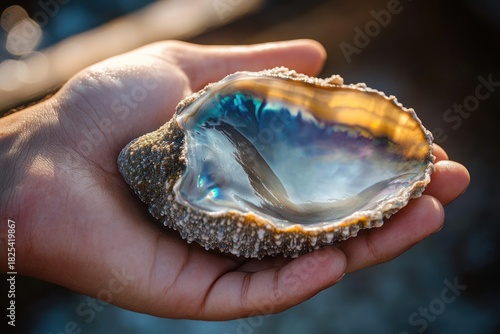 hand holding an iridescent seashell with pearly water reflecting golden sunlight, evoking wonder and calm