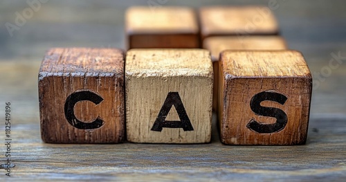 close-up of three rustic wooden letter blocks spelling cas on a weathered wooden table with a warm nostalgic cozy mood