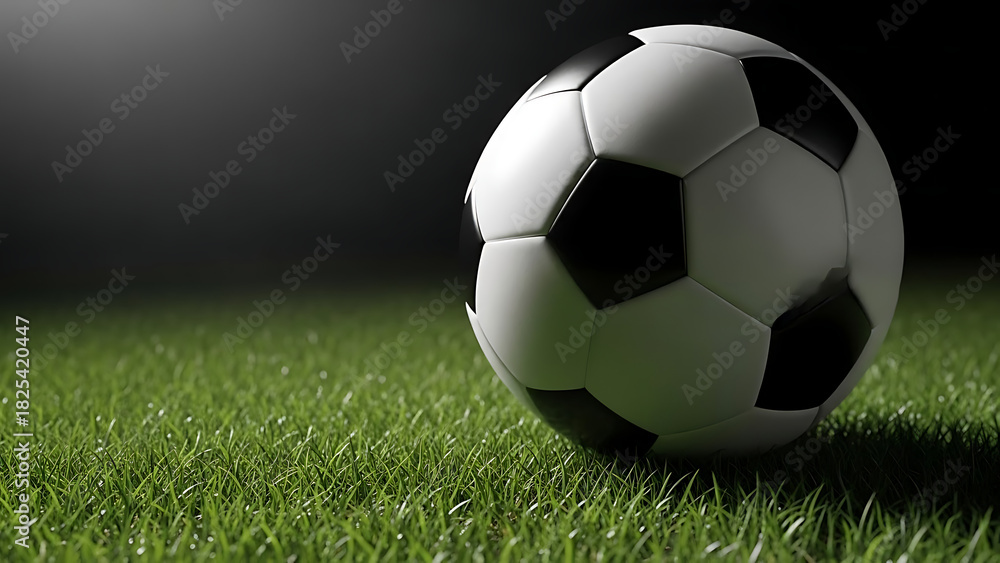 Fototapeta premium A classic black and white soccer ball resting on vibrant green grass under dramatic stadium lighting.