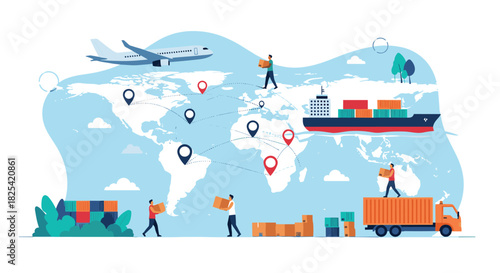 Global logistics and supply chain management in action with worldwide transportation and delivery services.