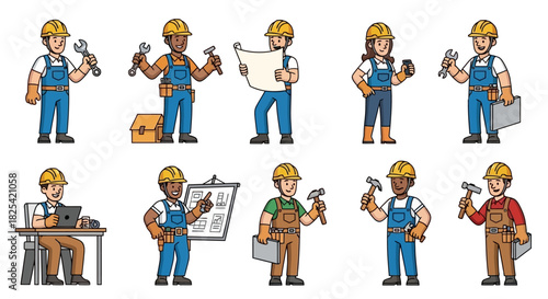 Diverse group of construction workers in various poses, showcasing tools and blueprints, representing different trades and teamwork
