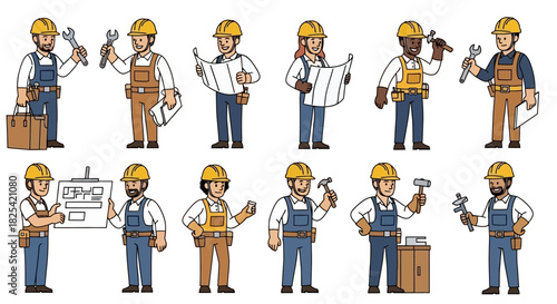 Diverse Builders Group Construction Crew with Plans and Tools