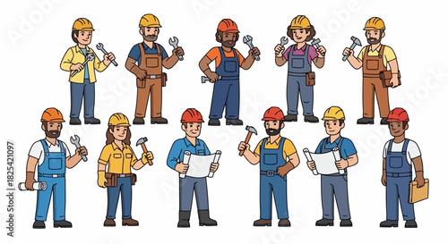 Diverse team of cartoon construction workers and builders. A collection of male and female industrial laborer characters with tools for a professional workforce